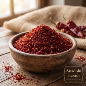Ahşap kâsede acı ipek pul biber – Anadolu Hasadı